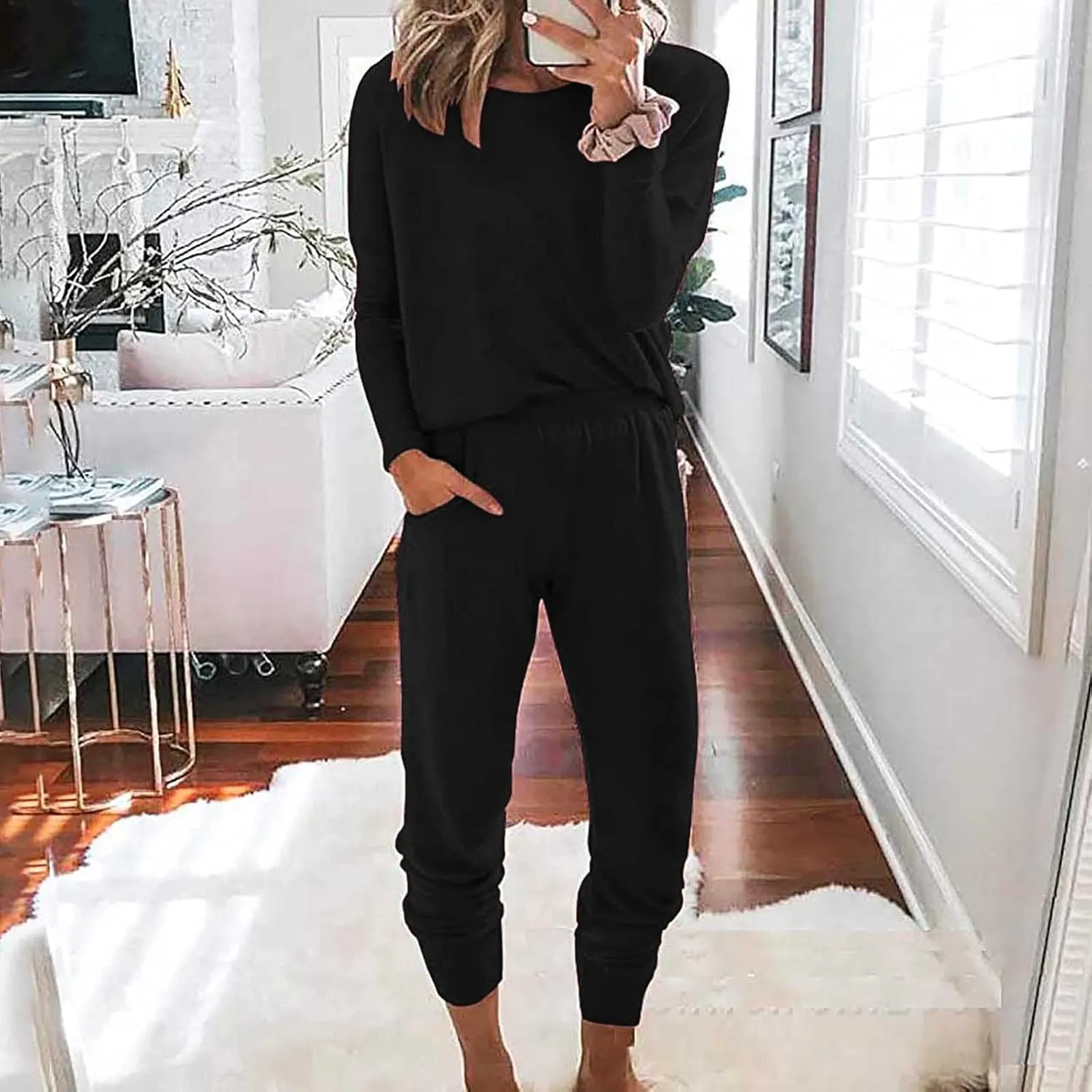 Women's Long Sleeve Sleepwear Women's Two- Solid Casual Top Pants Sets Long Sleeve Wear Sports Suit Pajamas Set