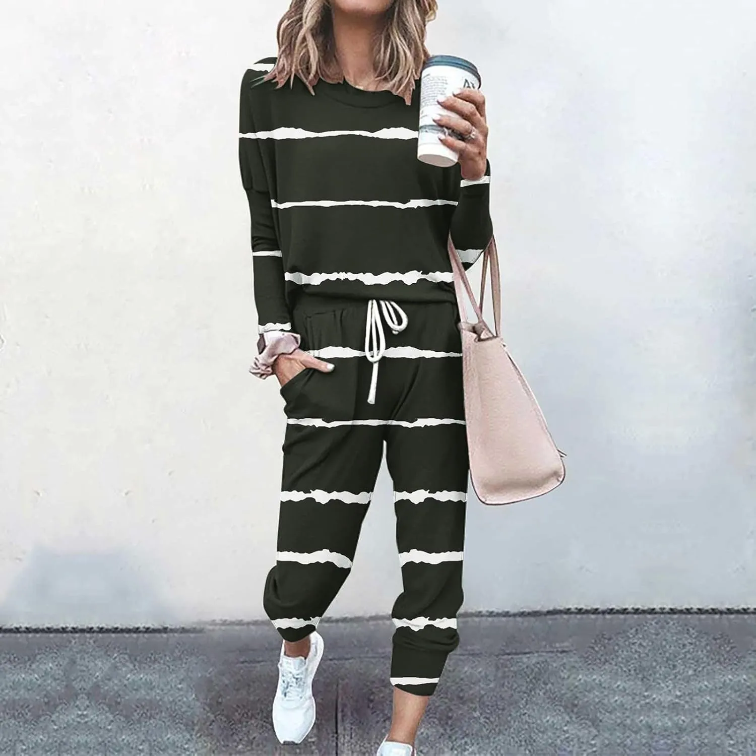 Women's Long Sleeve Sleepwear Women's Two- Solid Casual Top Pants Sets Long Sleeve Wear Sports Suit Pajamas Set