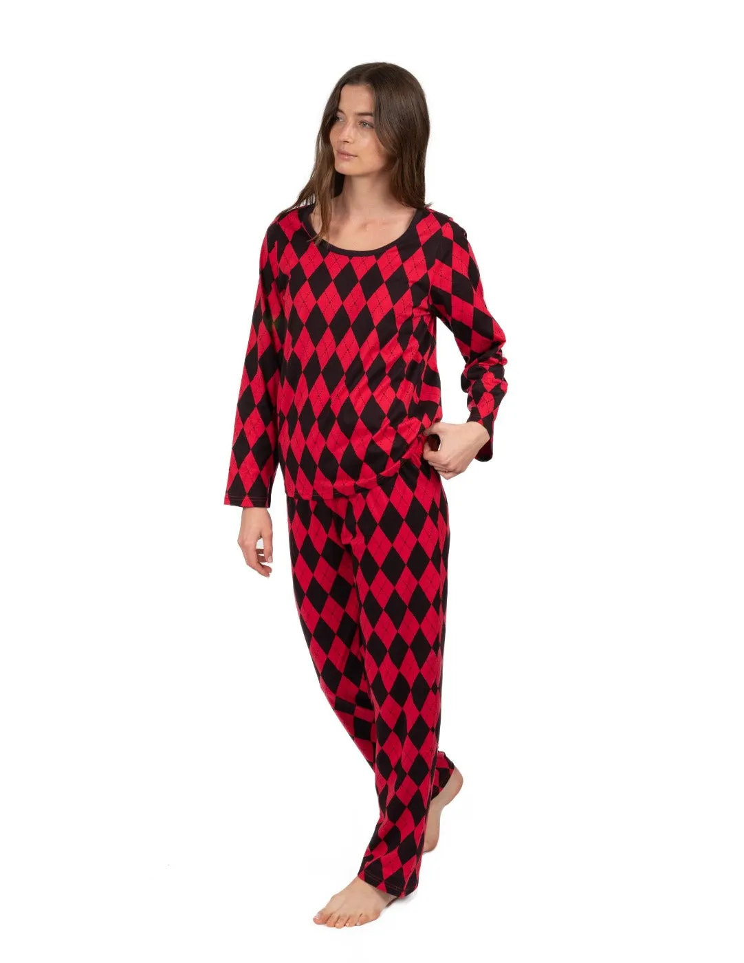Women's Loose Fit Red & Black Argyle Pajamas