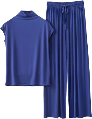 Women's Lounge Set Turtleneck Sleeveless Tops and Drawstring Long Pants Soft Comfy Pajama Sets 2 Piece Sleepwear Sets