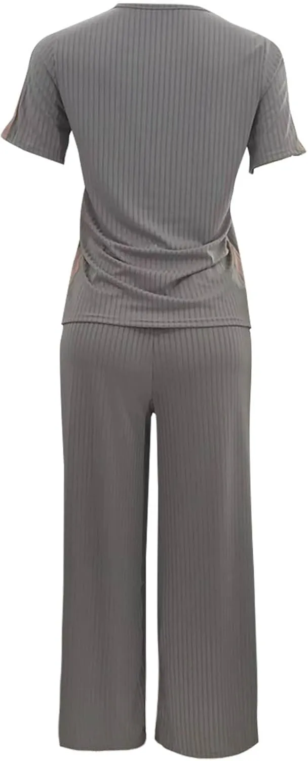 Womens Lounge Sets 2 Pcs Rib Knit Short Sleeve Tops Wide Leg Pants Summer Outfits Cute Heart Embroidered Pajamas Set