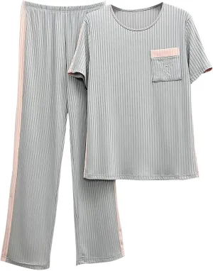 Womens Lounge Sets 2 Pcs Rib Knit Short Sleeve Tops Wide Leg Pants Summer Outfits Cute Heart Embroidered Pajamas Set