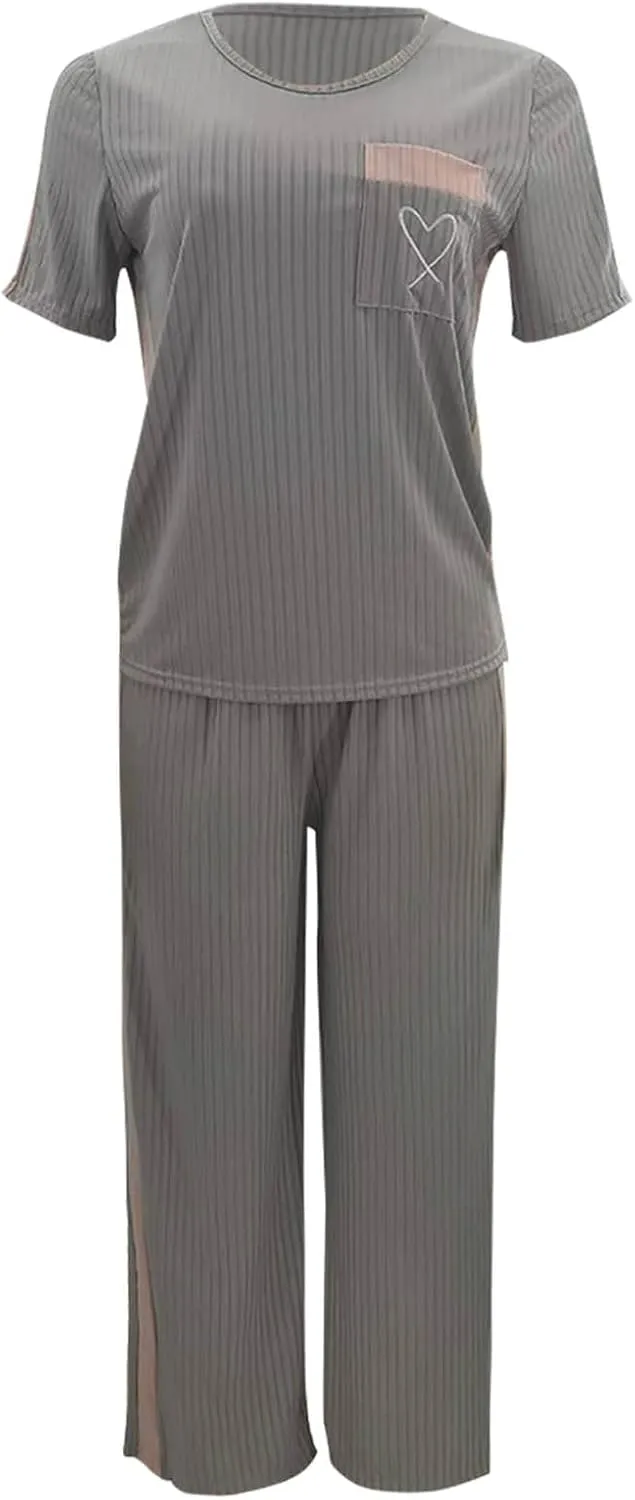 Womens Lounge Sets 2 Pcs Rib Knit Short Sleeve Tops Wide Leg Pants Summer Outfits Cute Heart Embroidered Pajamas Set