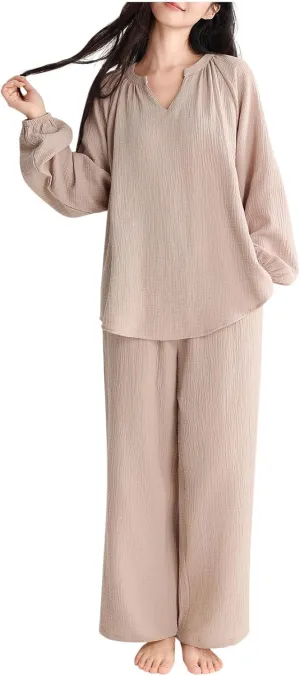 Women's Lounge Sets V Neck Long Sleeve Nightwear and Pockets Long Pants Casual Comfy Loose 2 Piece Sleepwear Outfits