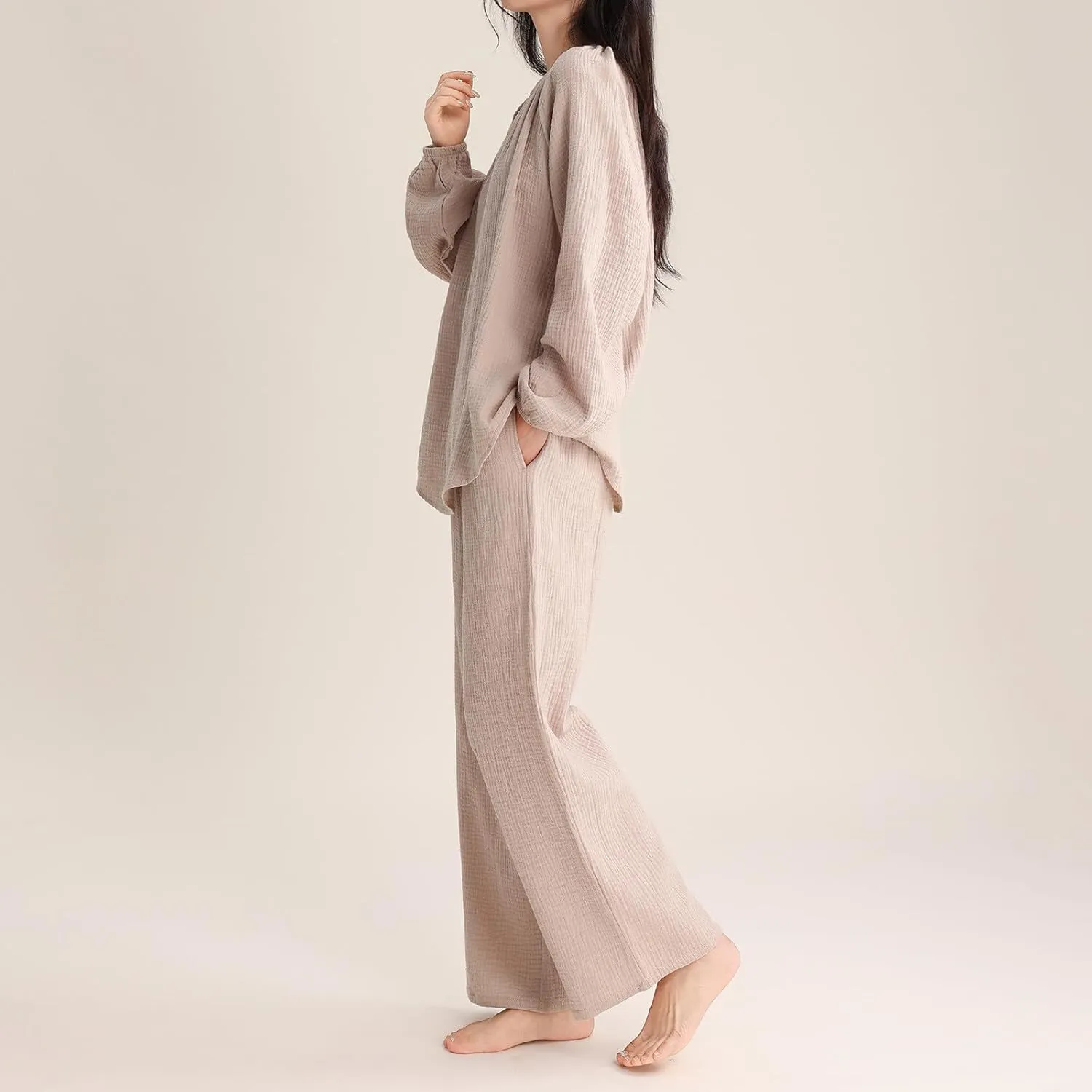 Women's Lounge Sets V Neck Long Sleeve Nightwear and Pockets Long Pants Casual Comfy Loose 2 Piece Sleepwear Outfits