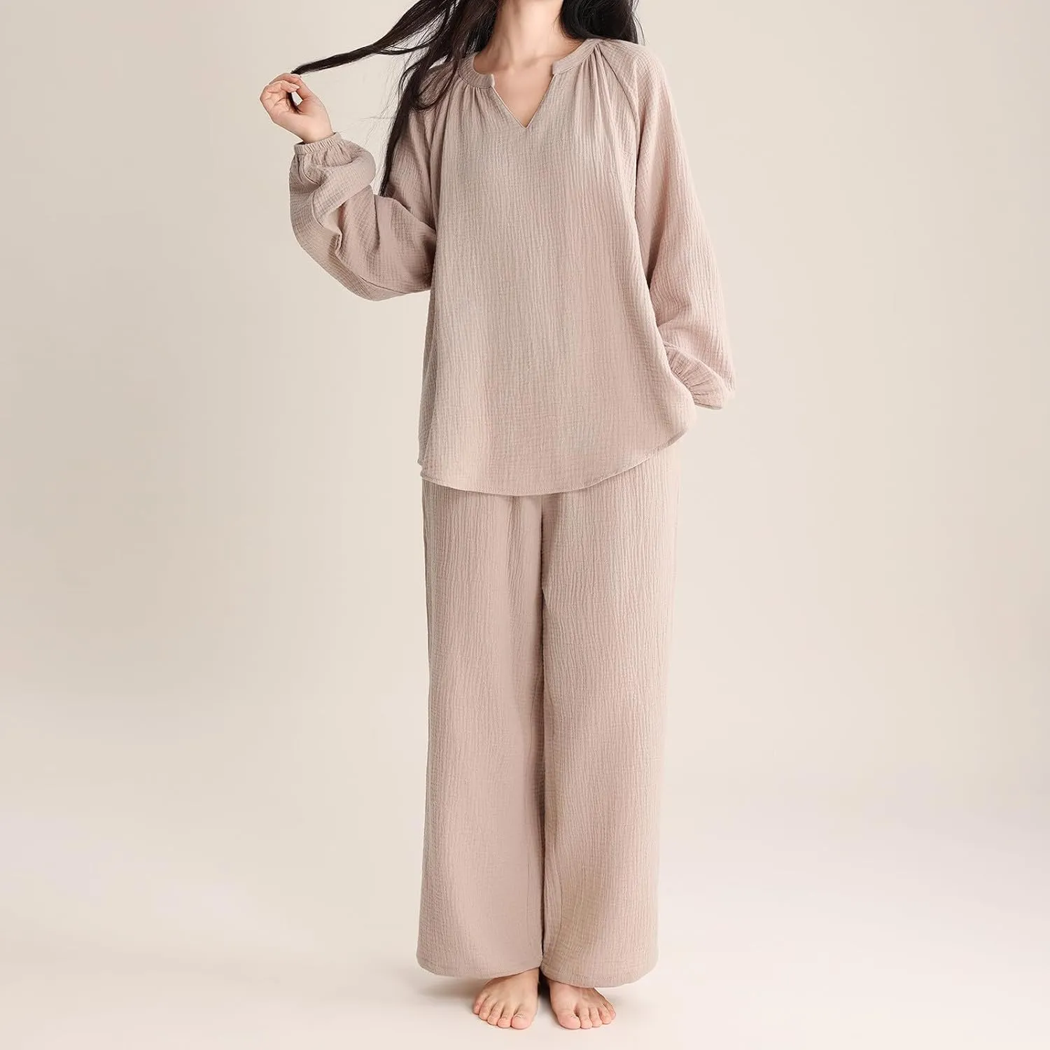 Women's Lounge Sets V Neck Long Sleeve Nightwear and Pockets Long Pants Casual Comfy Loose 2 Piece Sleepwear Outfits