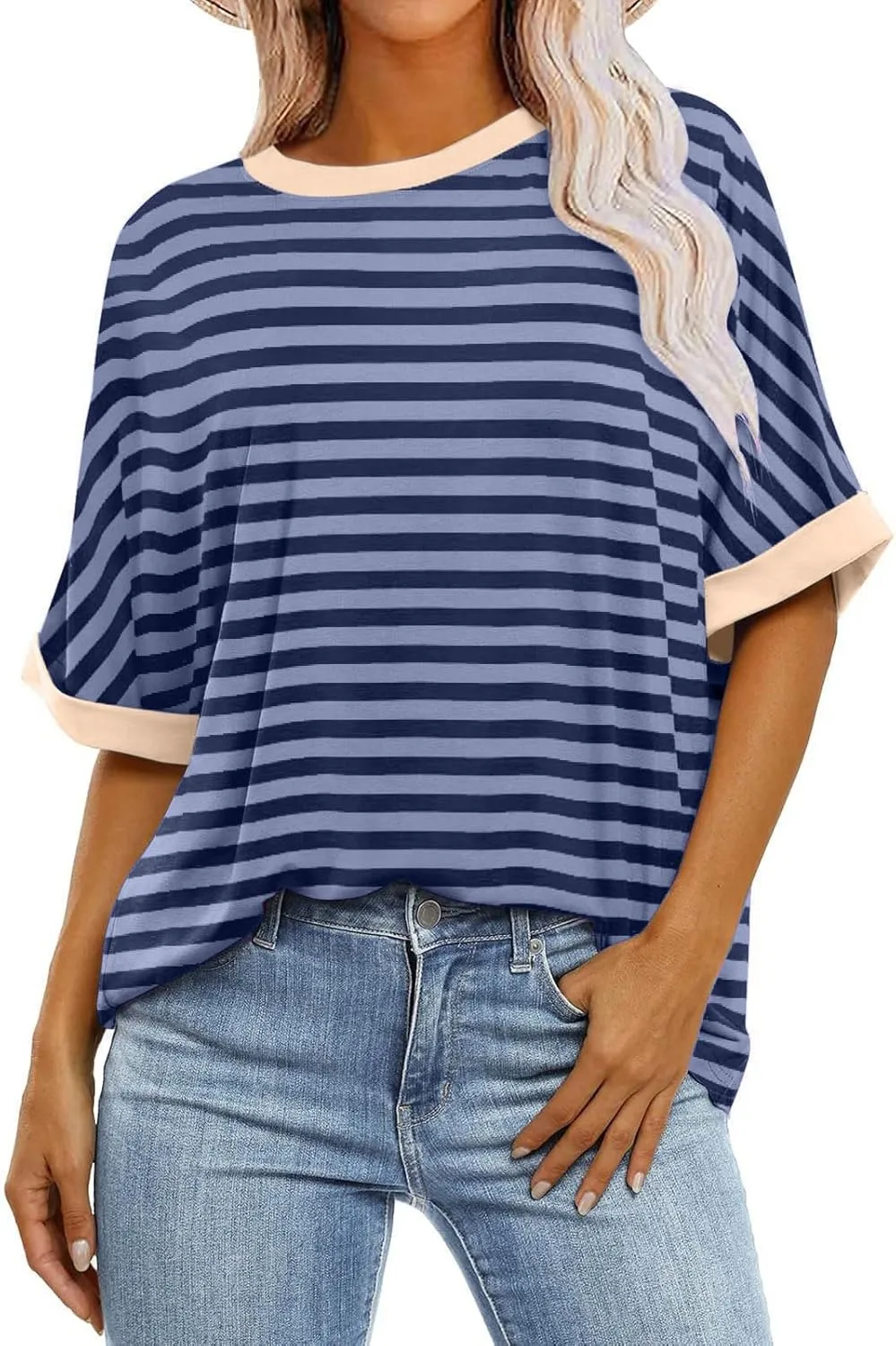 Womens Oversized T Shirts 2024 Casual Crewneck Short Half Sleeve Colorblock Striped Summer Tops