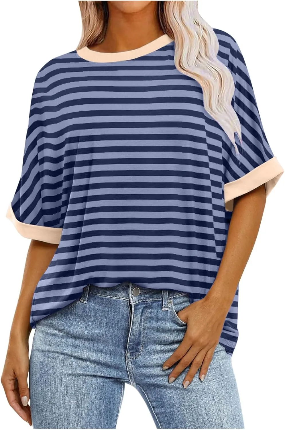 Womens Oversized T Shirts 2024 Casual Crewneck Short Half Sleeve Colorblock Striped Summer Tops