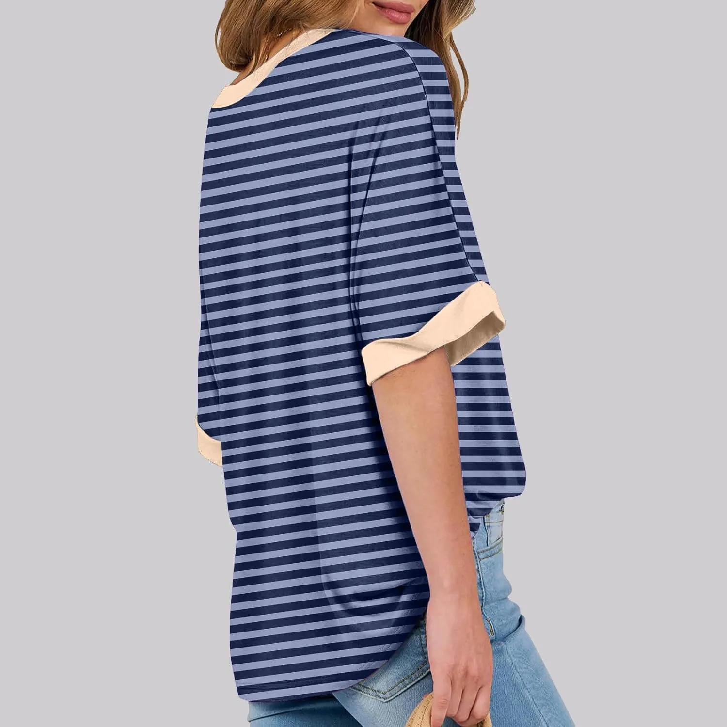 Womens Oversized T Shirts 2024 Casual Crewneck Short Half Sleeve Colorblock Striped Summer Tops