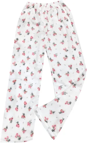 Women's Pajama Lounge Pants Floral Print Comfy Pjs Pants Winter Fleece Pajama Pants Wide Leg Pj Bottom Sleep Pants Lounge White
