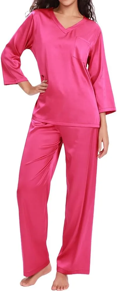 Women's Pajama Satin Pajama Set for Women PJ Loungewear Sets Soft Shirt with Long Pants