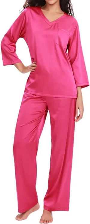Women's Pajama Satin Pajama Set for Women PJ Loungewear Sets Soft Shirt with Long Pants