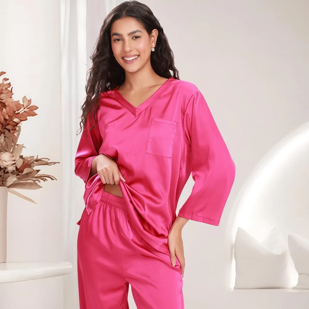 Women's Pajama Satin Pajama Set for Women PJ Loungewear Sets Soft Shirt with Long Pants