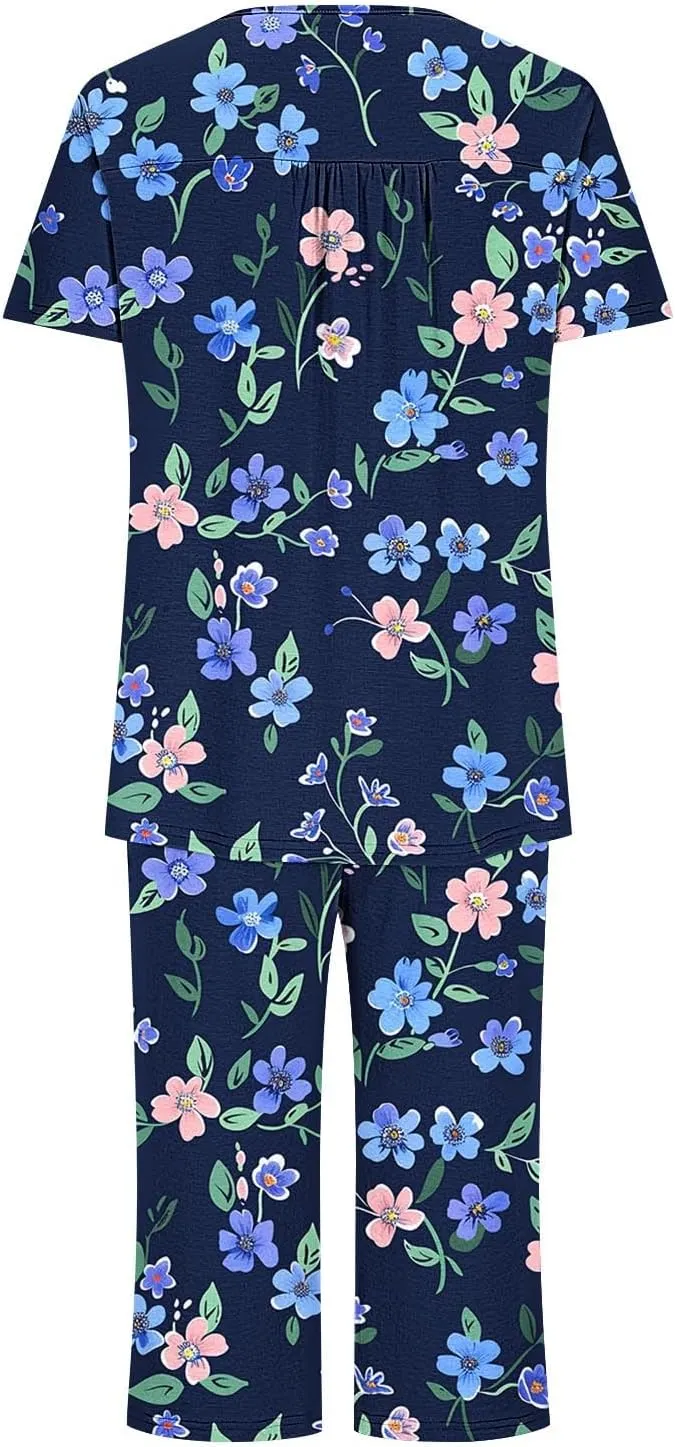 Womens Pajama Set Dressy Casual 2024 Loose Short Sleeve Tops and Capri Pants Lounge Set Tie Dye 2 Piece Pjs Sets