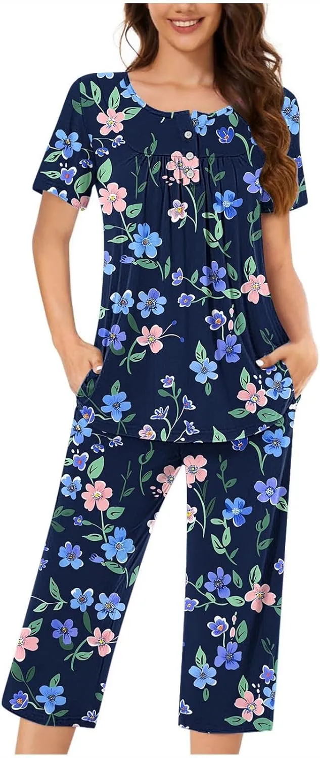 Womens Pajama Set Dressy Casual 2024 Loose Short Sleeve Tops and Capri Pants Lounge Set Tie Dye 2 Piece Pjs Sets