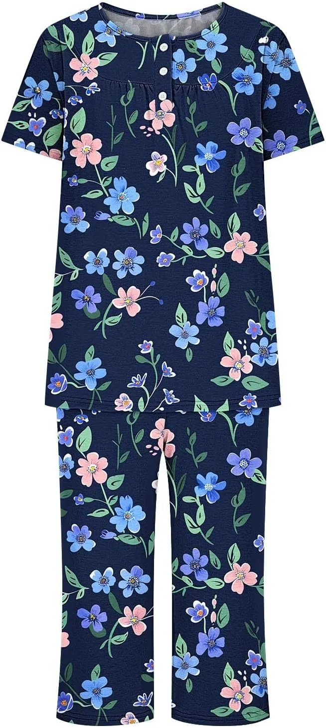 Womens Pajama Set Dressy Casual 2024 Loose Short Sleeve Tops and Capri Pants Lounge Set Tie Dye 2 Piece Pjs Sets
