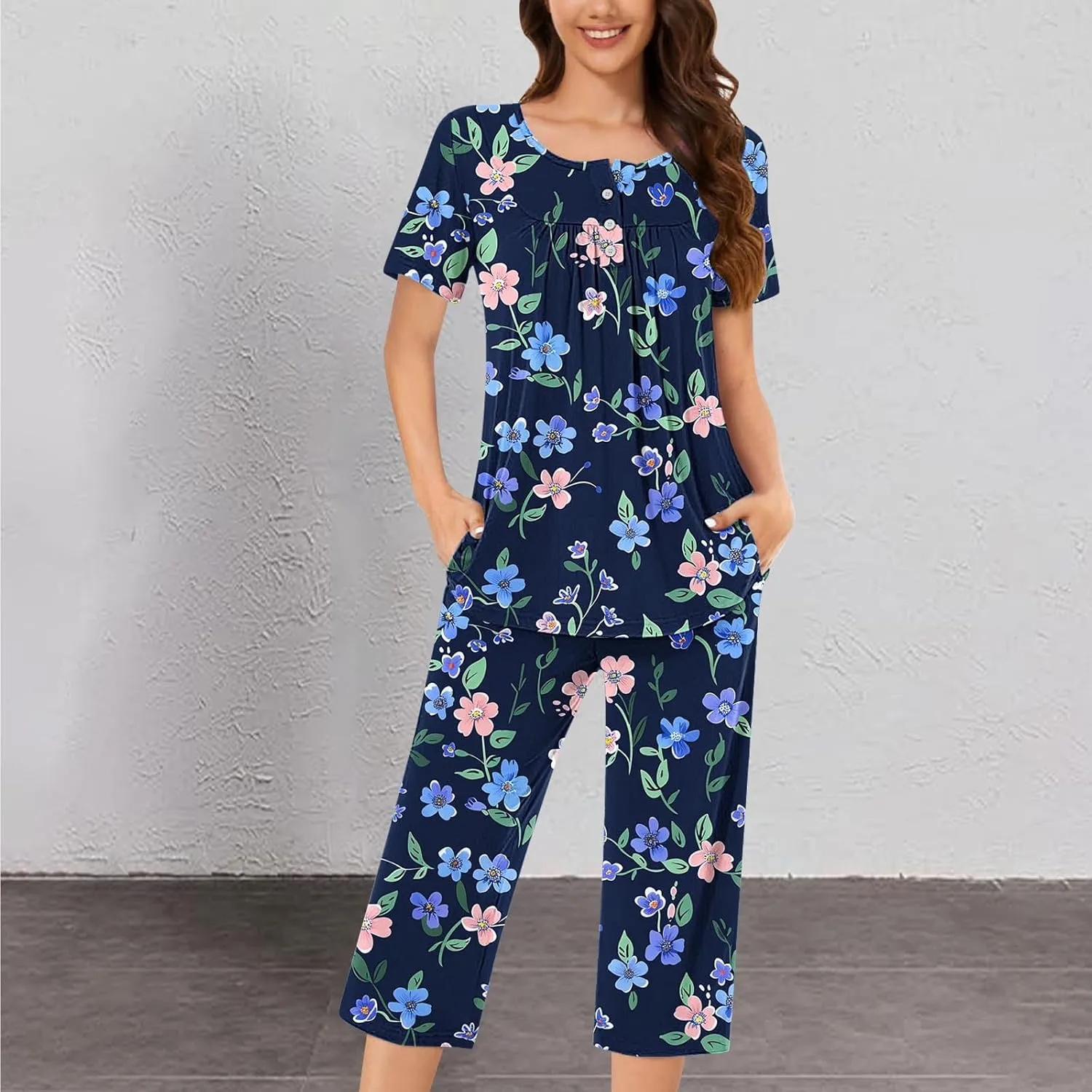 Womens Pajama Set Dressy Casual 2024 Loose Short Sleeve Tops and Capri Pants Lounge Set Tie Dye 2 Piece Pjs Sets