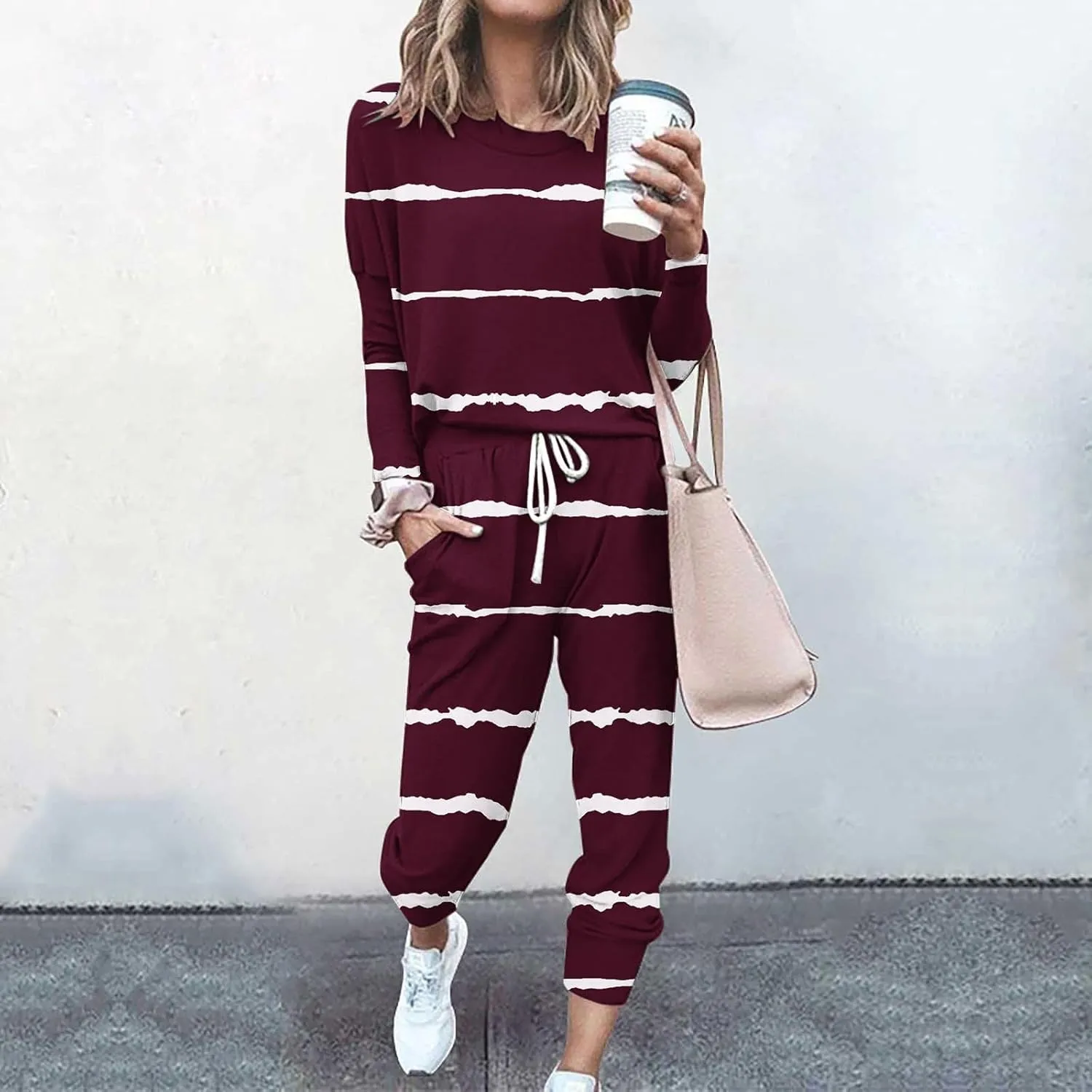 Womens Pajama Sets 2 Piece Women's Two Outfit Long Sleeve Crewneck Pullover Tops and Long Pants Tracksuit Sweatsuits