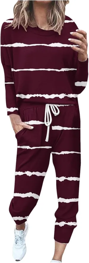 Womens Pajama Sets 2 Piece Women's Two Outfit Long Sleeve Crewneck Pullover Tops and Long Pants Tracksuit Sweatsuits