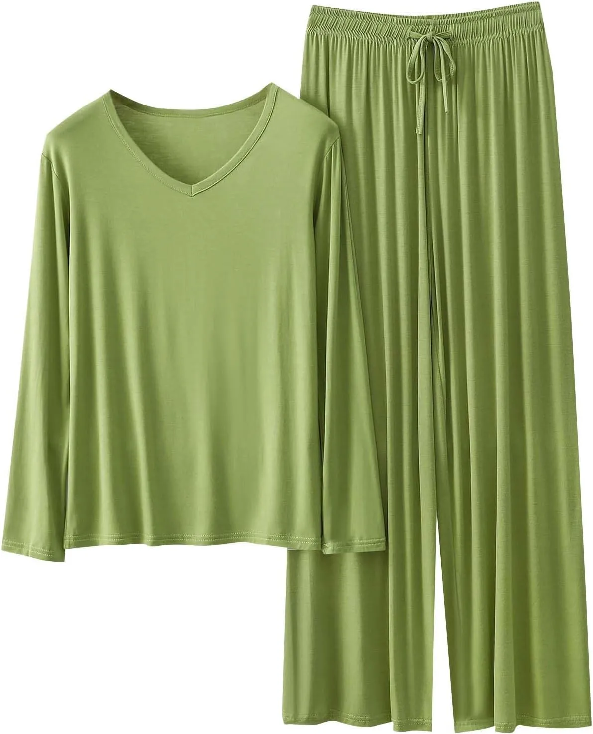 Women's Pajama Sets V Neck Long Sleeve Tops and Wide Leg Pants Comfy Loungewear Casual Loose 2 Piece Sleepwear Sets