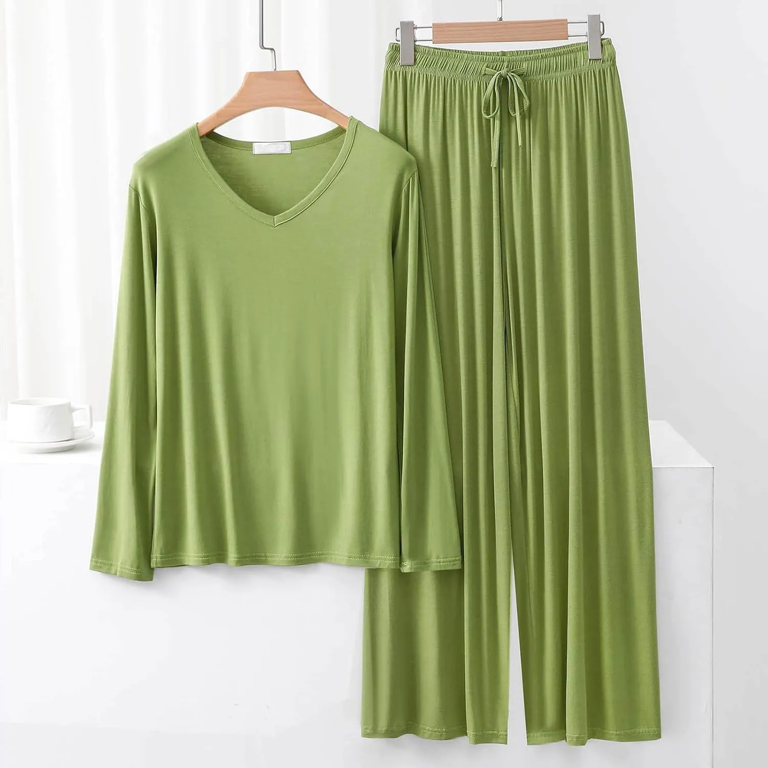 Women's Pajama Sets V Neck Long Sleeve Tops and Wide Leg Pants Comfy Loungewear Casual Loose 2 Piece Sleepwear Sets