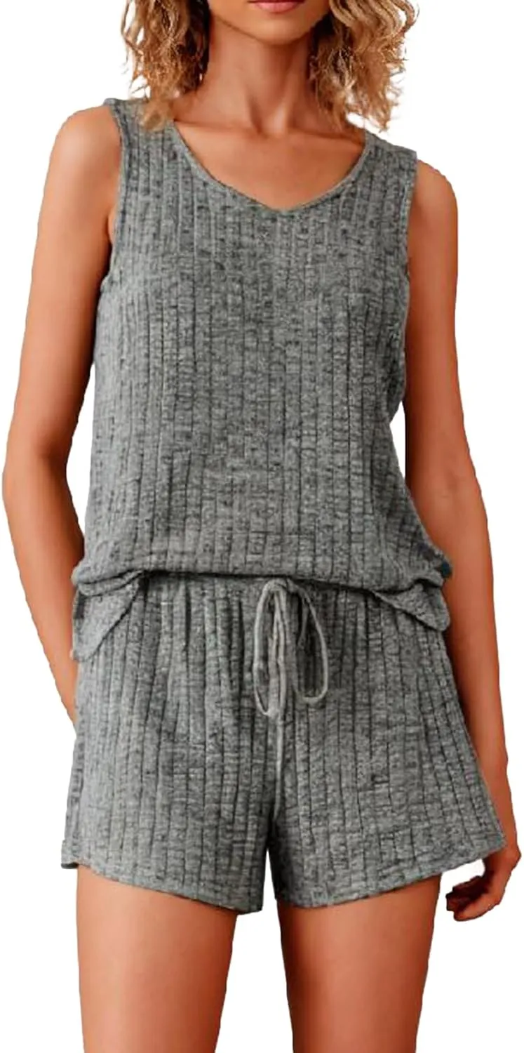 Women's Pajama Sleeveless Pjs Set V Neck 2 Piece Lounge Set Ribbed Knit Summer Loungewear Sleepwear with Pockets