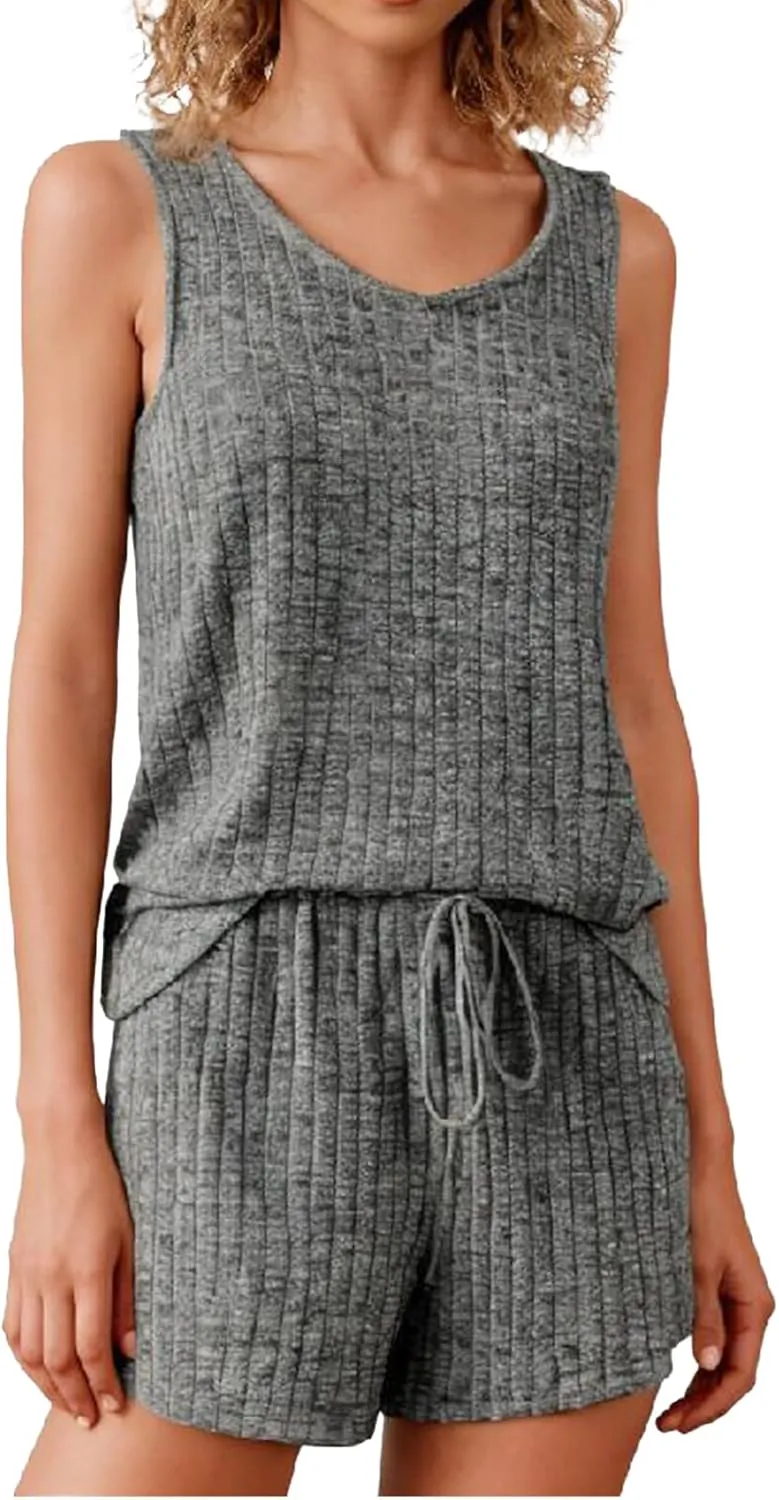 Women's Pajama Sleeveless Pjs Set V Neck 2 Piece Lounge Set Ribbed Knit Summer Loungewear Sleepwear with Pockets