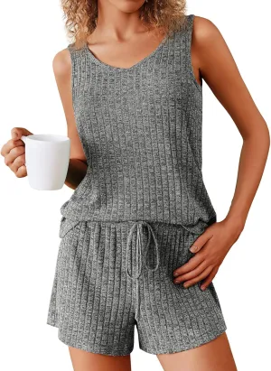 Women's Pajama Sleeveless Pjs Set V Neck 2 Piece Lounge Set Ribbed Knit Summer Loungewear Sleepwear with Pockets