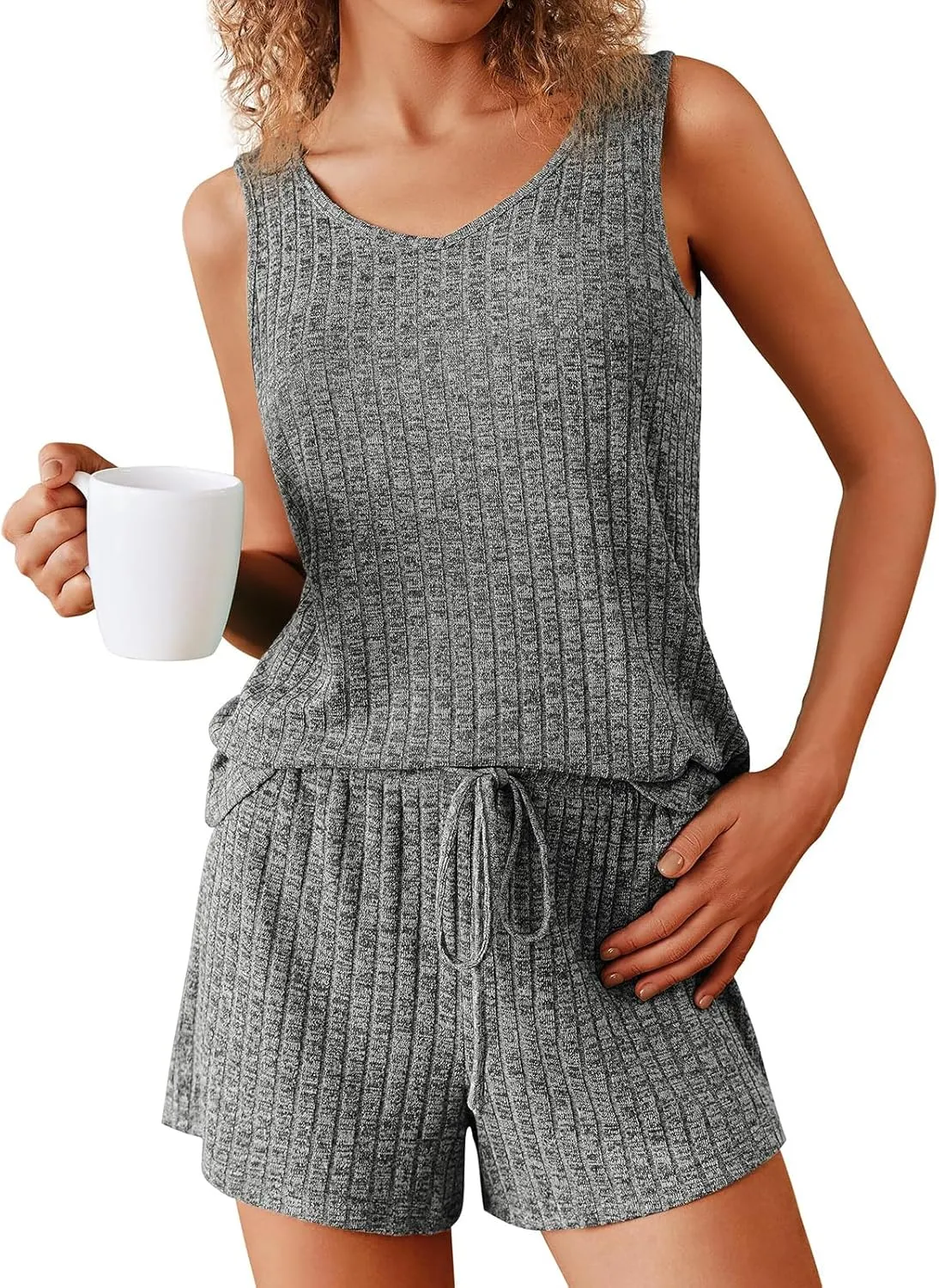 Women's Pajama Sleeveless Pjs Set V Neck 2 Piece Lounge Set Ribbed Knit Summer Loungewear Sleepwear with Pockets