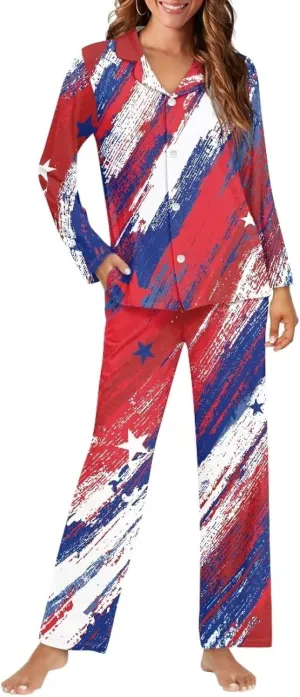 Women's Pajamas 2 Piece Pajama Sets Button Down Sleepwear Notch Collar Summer Pjs Lounge Sets American Flag Outfits