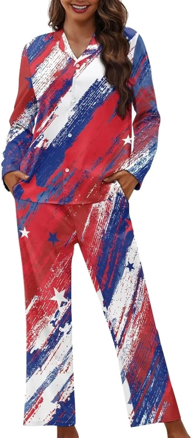 Women's Pajamas 2 Piece Pajama Sets Button Down Sleepwear Notch Collar Summer Pjs Lounge Sets American Flag Outfits