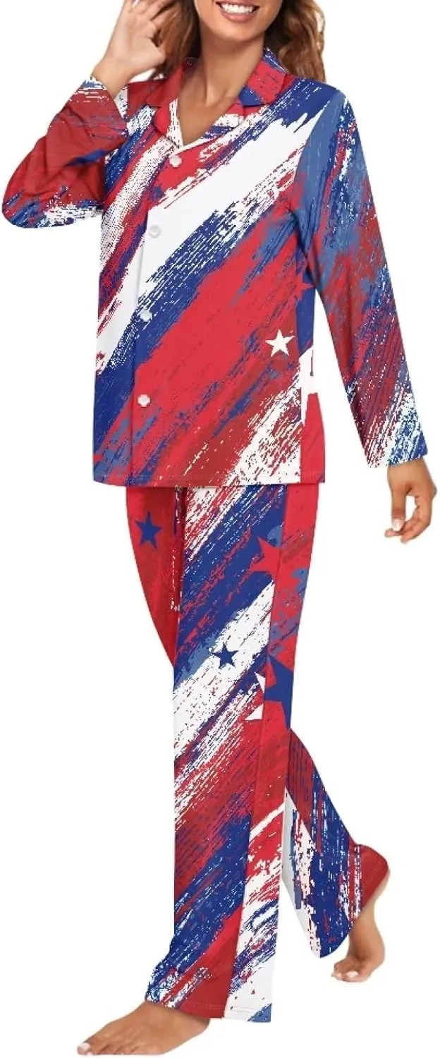 Women's Pajamas 2 Piece Pajama Sets Button Down Sleepwear Notch Collar Summer Pjs Lounge Sets American Flag Outfits