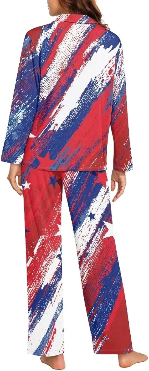 Women's Pajamas 2 Piece Pajama Sets Button Down Sleepwear Notch Collar Summer Pjs Lounge Sets American Flag Outfits