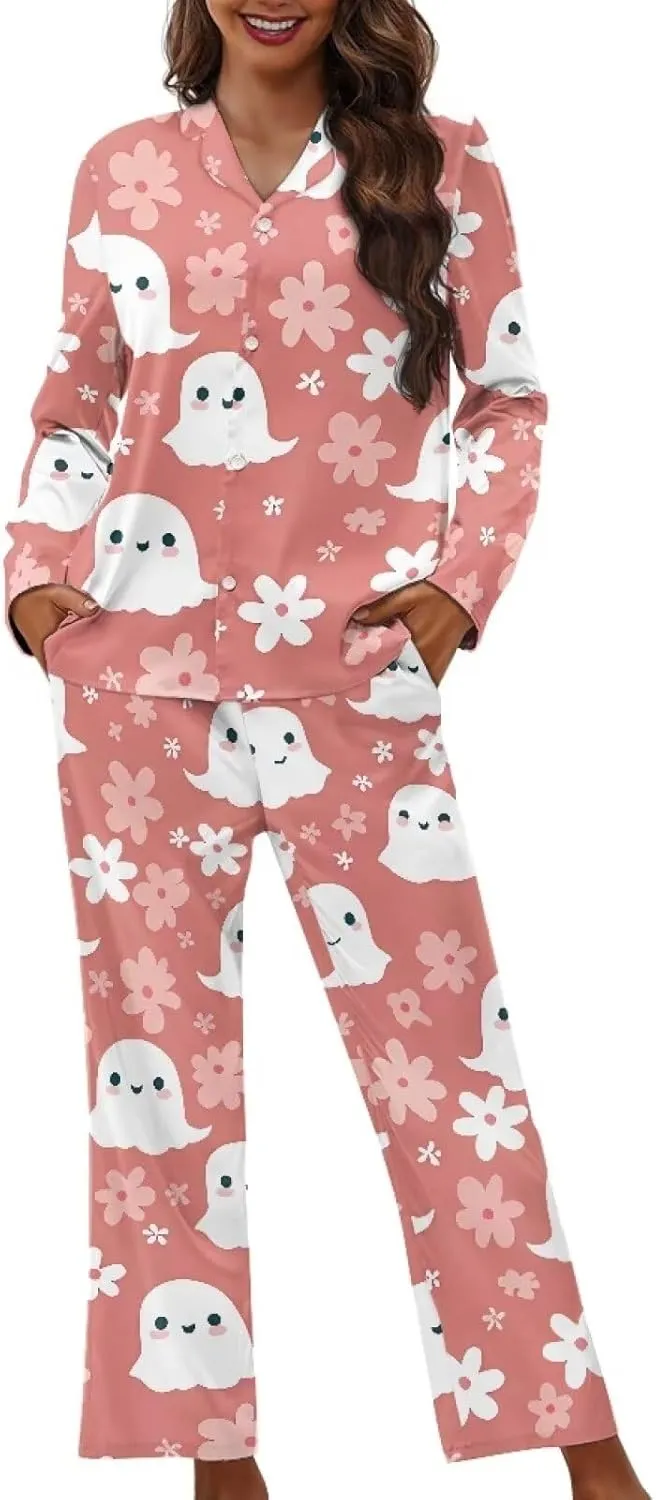 Women's Pajamas 2 Piece Pajama Sets Long Sleeve Sleepwear Notch Collar Summer Pjs Lounge Sets Halloween Outfits