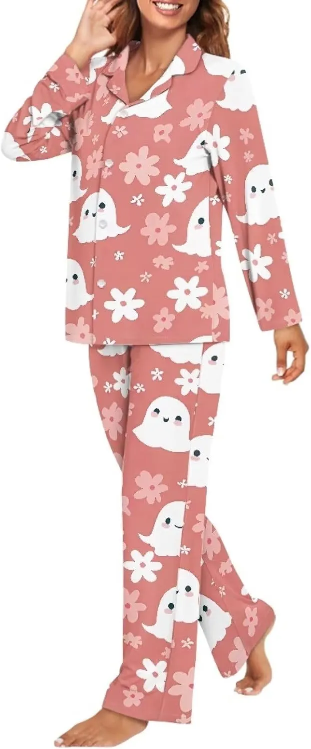 Women's Pajamas 2 Piece Pajama Sets Long Sleeve Sleepwear Notch Collar Summer Pjs Lounge Sets Halloween Outfits