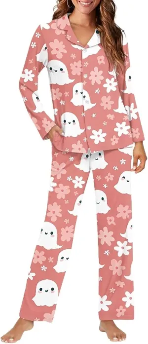Women's Pajamas 2 Piece Pajama Sets Long Sleeve Sleepwear Notch Collar Summer Pjs Lounge Sets Halloween Outfits