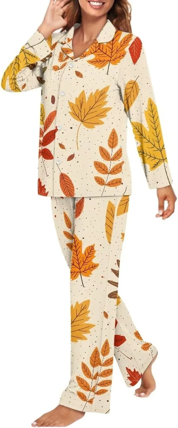 Women's Pajamas 2 Piece Pajama Sets Long Sleeve Sleepwear Notch Collar Summer Pjs Lounge Sets Thanksgiving Outfits