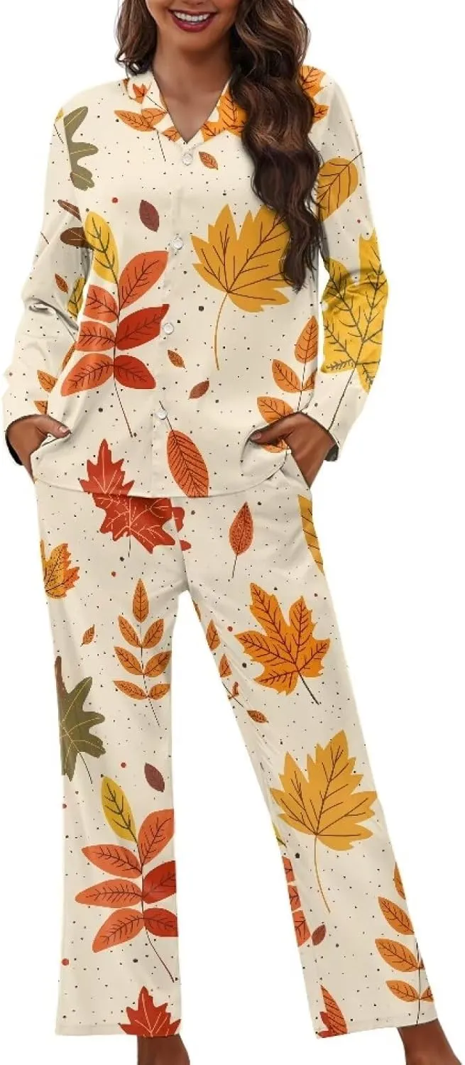 Women's Pajamas 2 Piece Pajama Sets Long Sleeve Sleepwear Notch Collar Summer Pjs Lounge Sets Thanksgiving Outfits