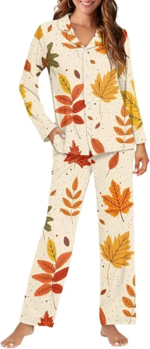 Women's Pajamas 2 Piece Pajama Sets Long Sleeve Sleepwear Notch Collar Summer Pjs Lounge Sets Thanksgiving Outfits