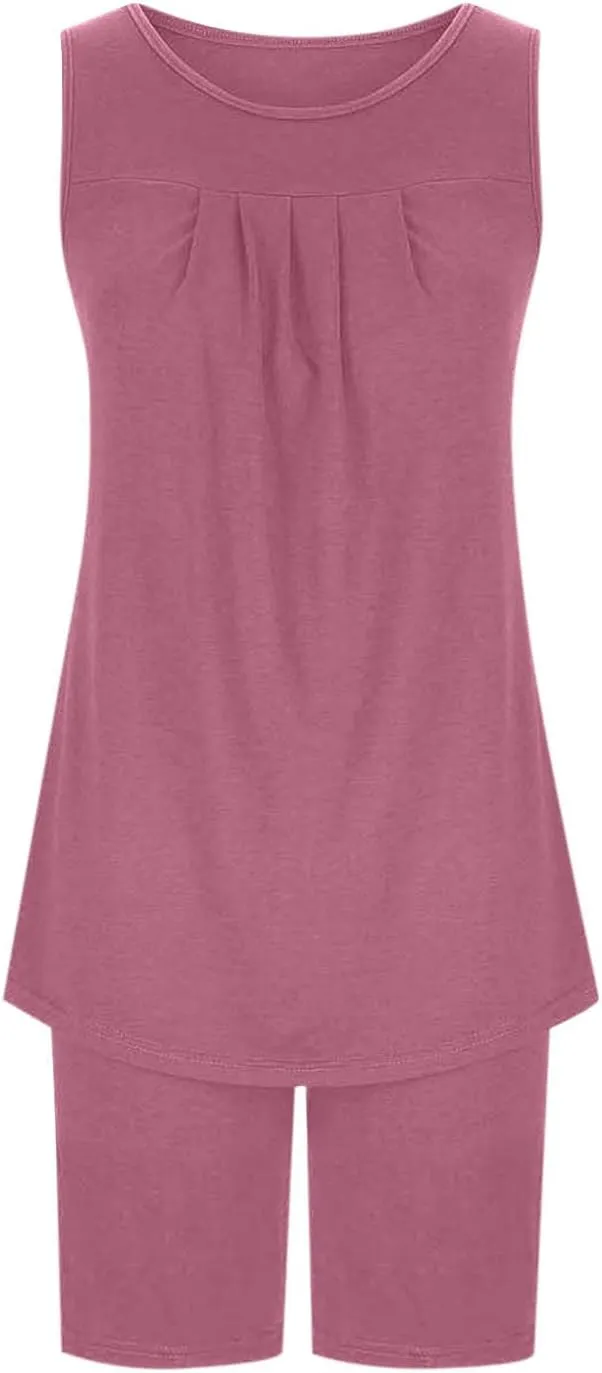 Women's Pajamas 2 Piece Set Summer Sleeveless Crew Neck Sleepwear Tops Elastic Waist Shorts Pjs Sets Soft Loungewear