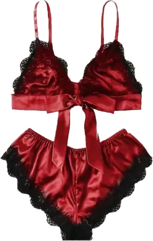 Women's Pajamas Lingerie Set V Neck Spaghetti Strap Lace Bralette and Shorts Sexy Sleepwear 2 Piece Pjs Lounge Sets