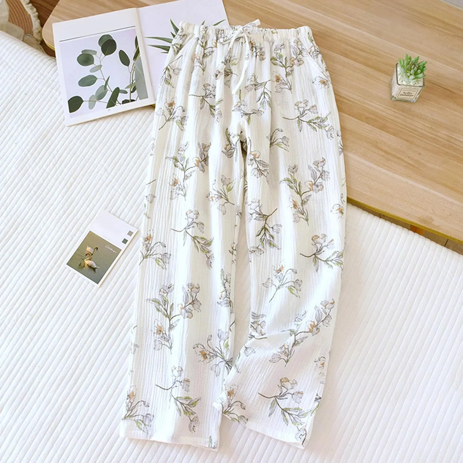 Women's Pajamas Pants Fashion Floral Cotton Lightweight Wide Leg Pants Summer Loose Lounge Home PJ's Trouser