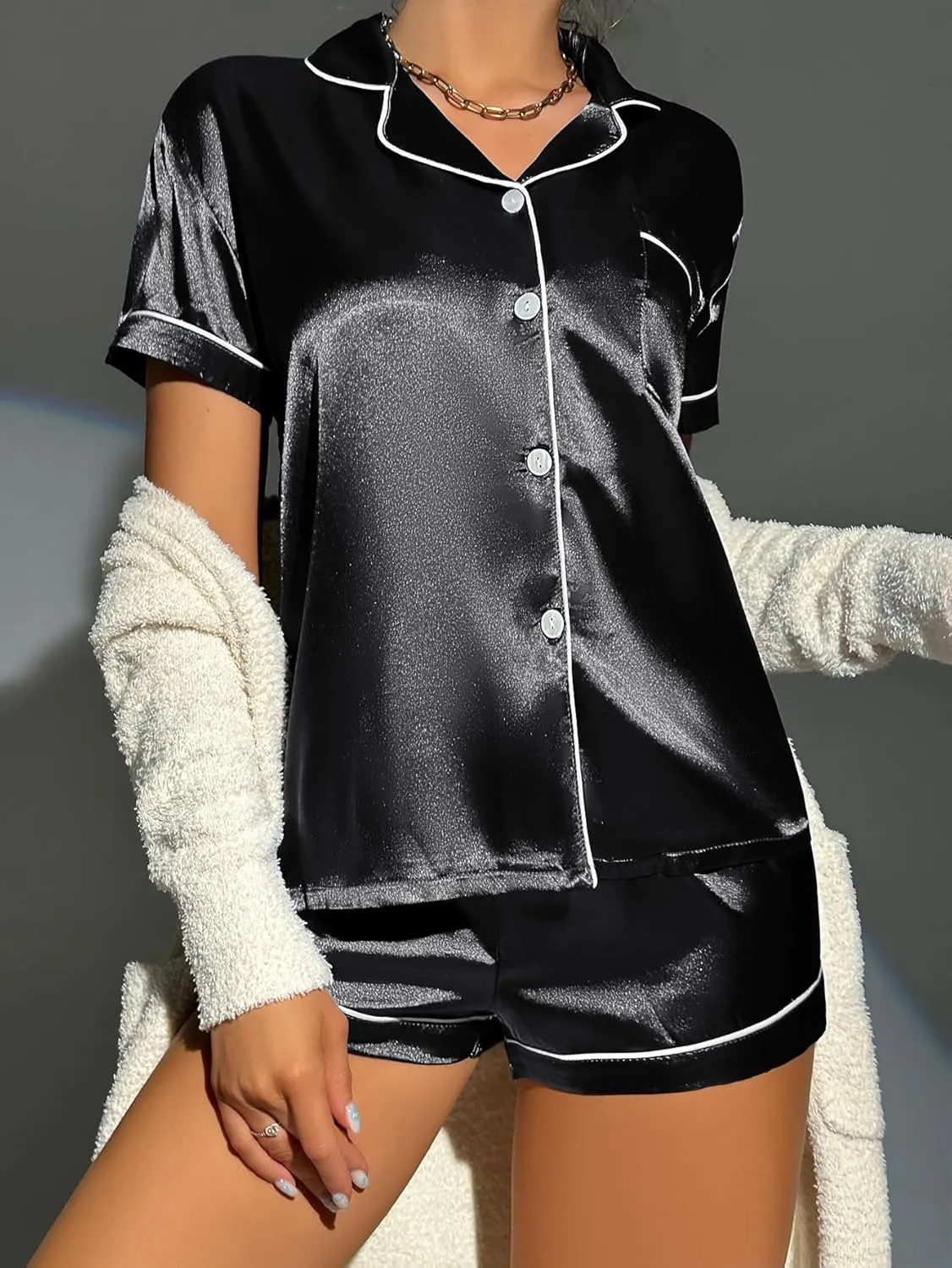 Women's Pajamas Set Button Down Shorts Sleepwear 2-Piece Ladies Pj Loungewear