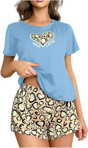 Women's Pajamas Set Cute Heart Print Soft Sleepwear Loose Crewneck Short Sleeve Top and Shorts Pjs Summer Loungewear Sets