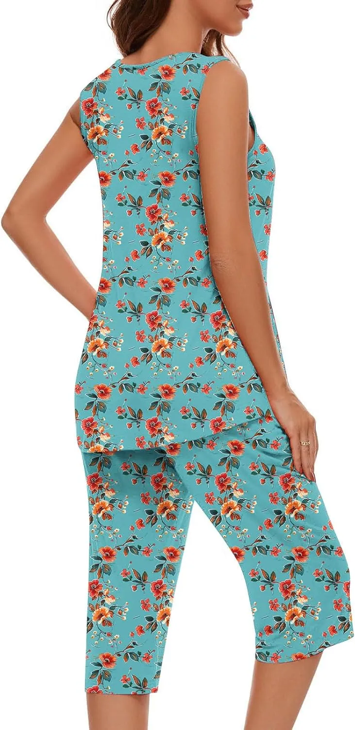 Women's Pajamas Set Cute Sleeveless Crew Neck Sleepwear Casual Capri Pants Pjs Soft Loungewear with Pockets