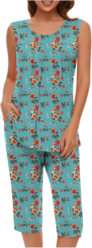 Women's Pajamas Set Cute Sleeveless Crew Neck Sleepwear Casual Capri Pants Pjs Soft Loungewear with Pockets