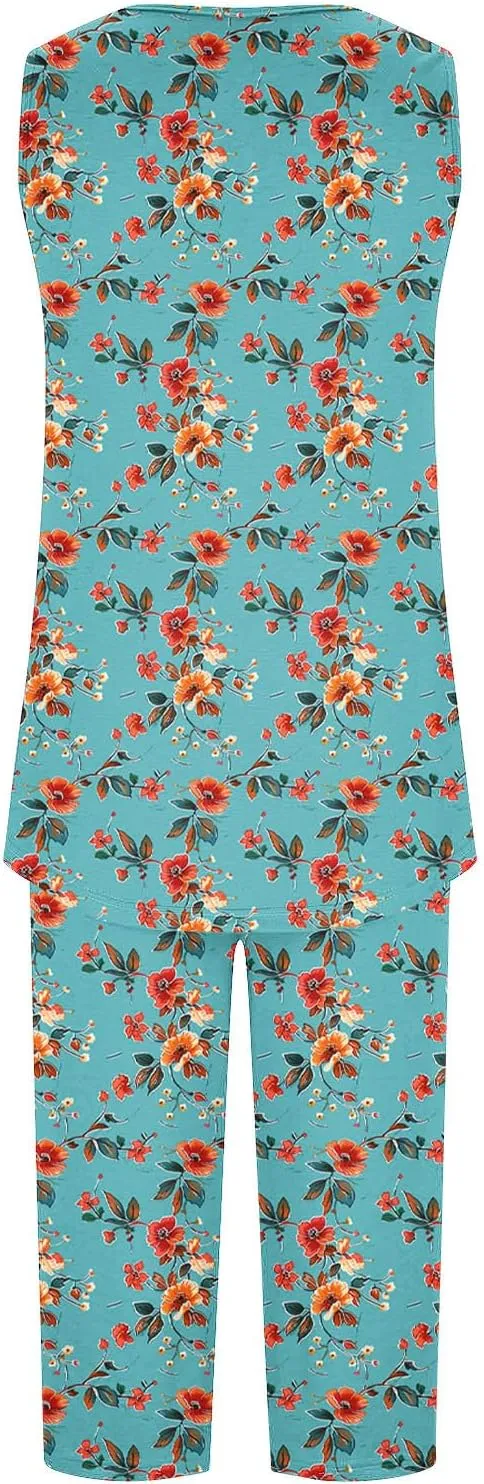 Women's Pajamas Set Cute Sleeveless Crew Neck Sleepwear Casual Capri Pants Pjs Soft Loungewear with Pockets