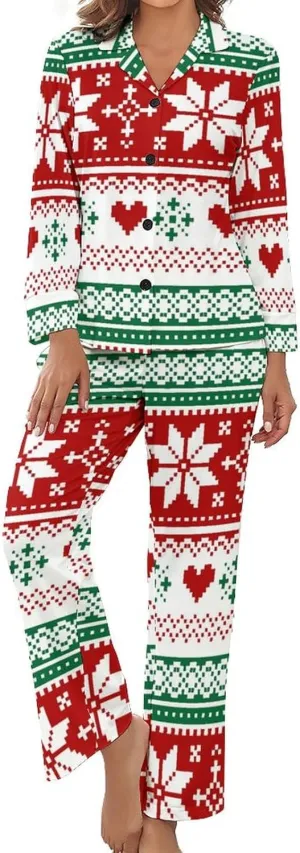 Womens Pajamas Set Hohoho Pattern Christmas Soft Long Sleeve Sleepwear Button Down Nightwear Pj Lounge Sets
