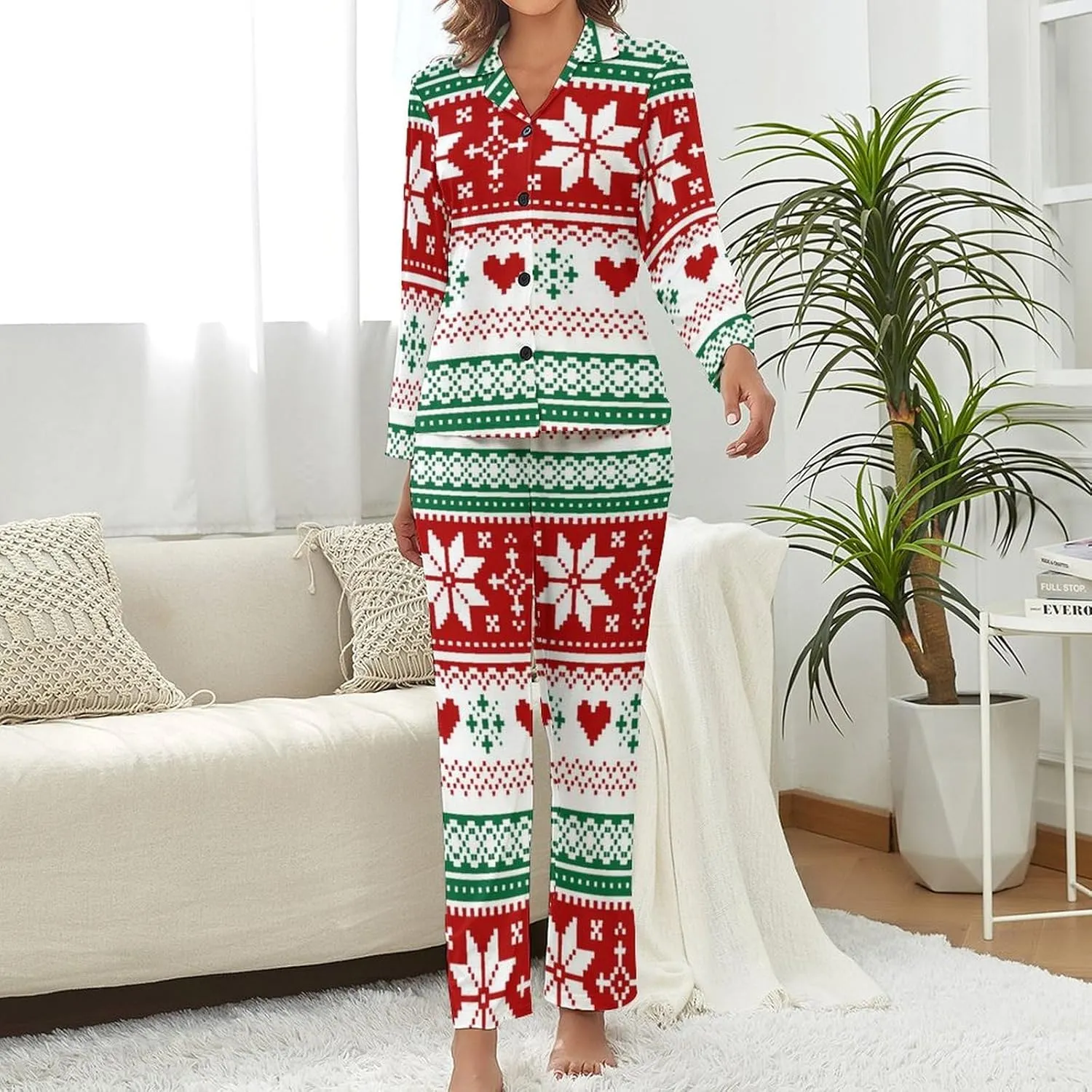Womens Pajamas Set Hohoho Pattern Christmas Soft Long Sleeve Sleepwear Button Down Nightwear Pj Lounge Sets