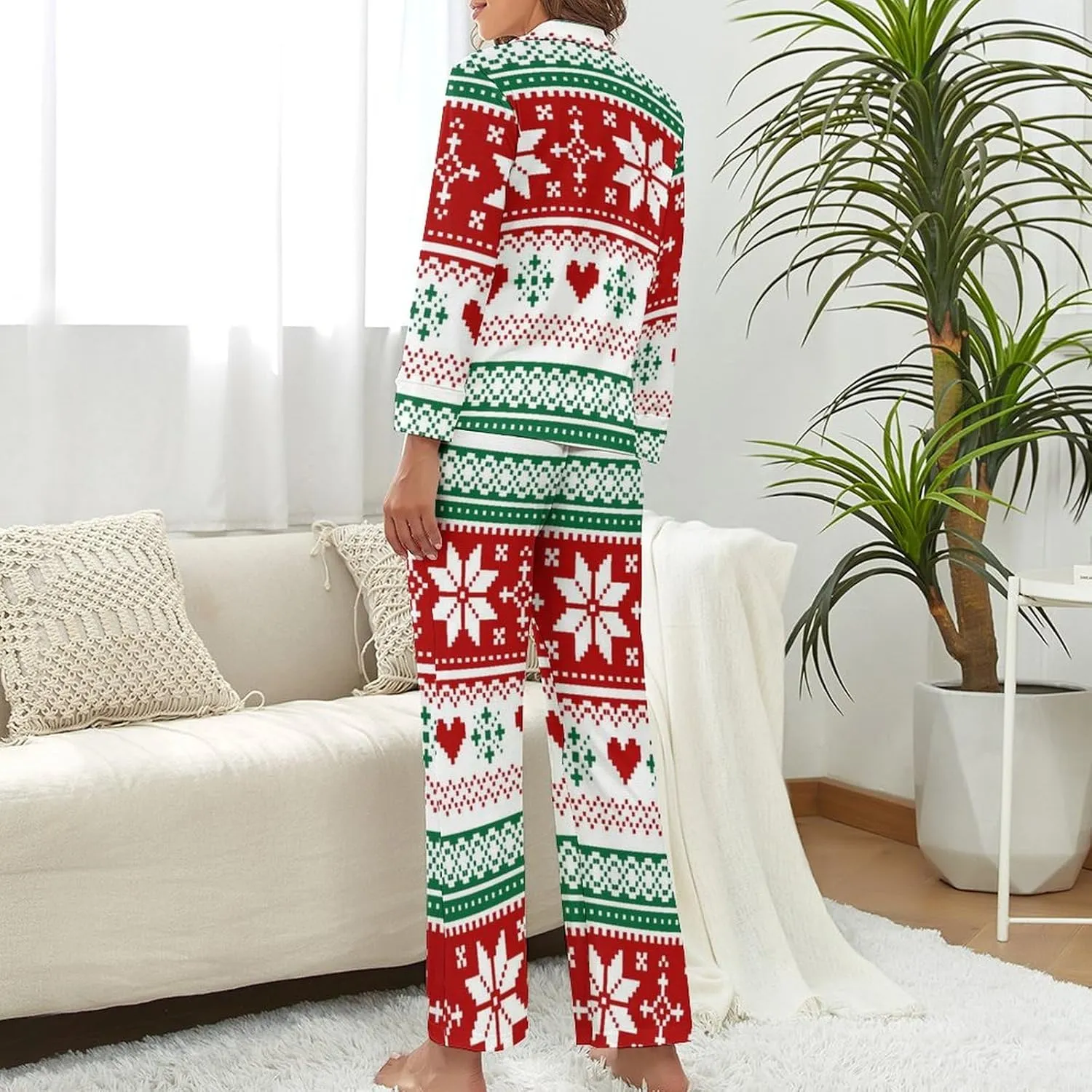 Womens Pajamas Set Hohoho Pattern Christmas Soft Long Sleeve Sleepwear Button Down Nightwear Pj Lounge Sets
